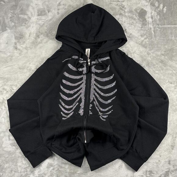 Independent Tops - Black Rhinestone Skeleton Ribcage Graphic Full-zip Hoodie Size Small
